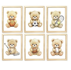 Kit quadro decorativo ursinho esporte bolas quarto criança bebê enxoval menino