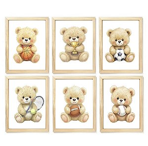 Kit quadro decorativo ursinho esporte bolas quarto criança bebê enxoval menino