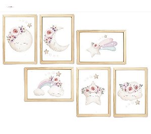 Kit quadro arco iris flores lua decorativo quarto criança enxoval bebê