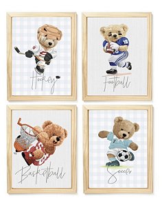 Kit quadro urso esportista decorativo  quarto criança bebê enxoval menino
