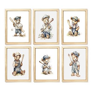Kit quadro urso baseball decorativo quarto criança enxoval bebê menino