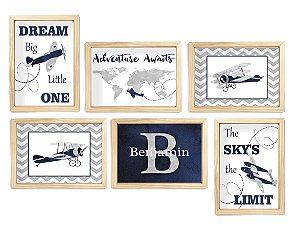 Kit quadro mundo aviação viagem decorativo quarto criança enxoval bebê