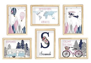 Kit quadro mundo aviação viagem decorativo quarto criança enxoval bebê menina