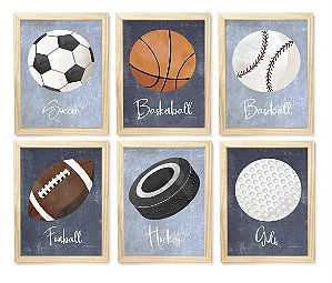 Kit quadro esporte bolas decorativo quarto criança enxoval bebê menino