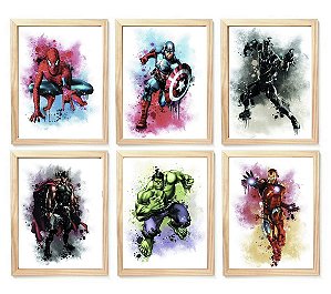 Kit quadro heróis aquarela decorativo quarto criança enxoval bebê menino