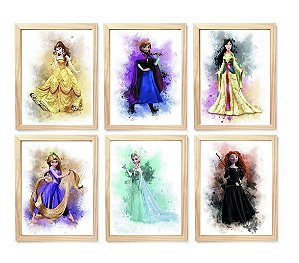 Kit quadro cinderela aquarela decorativo quarto criança enxoval bebê menina