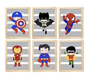 Kit quadro heróis decorativo quarto criança enxoval bebê menino
