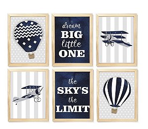 Kit quadro balão aviação decorativo quarto criança enxoval bebê menino