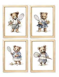 Kit quadro ursa tenista decorativo  quarto criança bebê enxoval menina