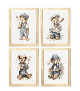 Kit quadro urso baseball decorativo  quarto criança bebê enxoval menino