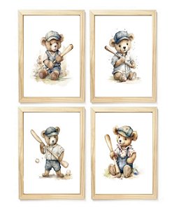 Kit quadro urso baseball decorativo  quarto criança bebê enxoval menino