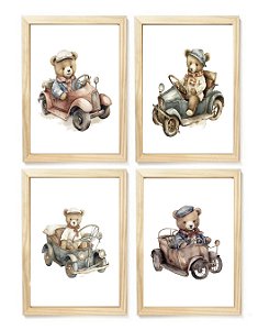 Kit quadro urso motorista decorativo  quarto criança bebê enxoval menino