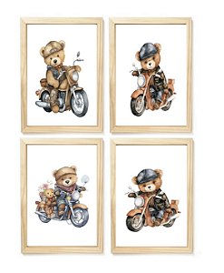 Kit quadro urso ciclista decorativo  quarto criança bebê enxoval menino