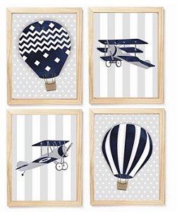 Kit quadro aviação balão decorativo  quarto criança bebê enxoval