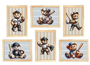 Kit quadro decorativo urso esporte baseball quarto criança bebê enxoval menino