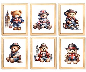 Kit quadro  decorativo urso londres quarto criança bebê enxoval