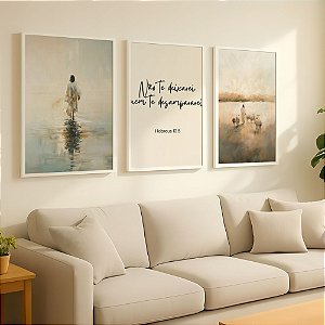 Kit 3 Quadros Jesus sobre as águas, Hebreus 13.5 e Jesus e as Ovelhas