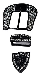 Jogo Fivela Americana Preta  Strass Cristal C/ Passsador e Poteira FM 2114 / 40mm Ana Castela