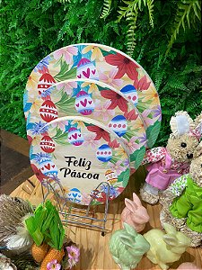 Tábua Madeira Pinus Redonda Feliz Páscoa Ovos Coloridos - Pequena
