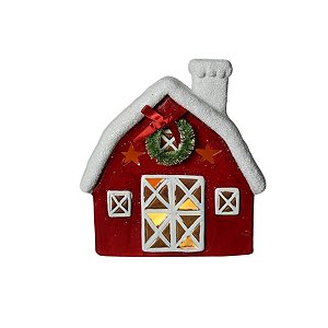 Casa Vila Natalina Paiol Vermelho com Iluminação 17x7x16cm
