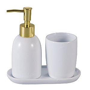 Conjunto para Banheiro 3 Peças De Cerâmica Londres Branco E Dourado