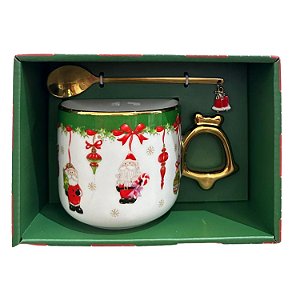 Kit Presente Natal Caneca e Colher Papai Noel Borda Dourada