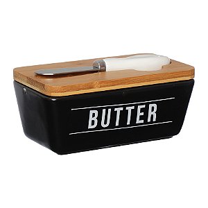 Manteigueira De Porcelana com Tampa Bambu E Espátula Butter Manhattan Preta