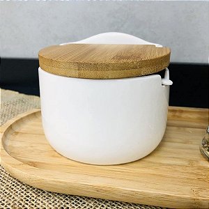 Porta Temperos Condimentos Porcelana E Colher Tampa Bambu