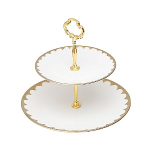 Prato Duplo para Doces de Porcelana Egg Branco e Dourado