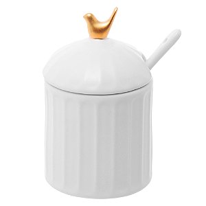 Açucareiro De Cerâmica Birds Colibri Com Colher Branco