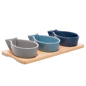 Petisqueira Bandeja Bambu 3 Ramekin Cerâmica Formato Peixe