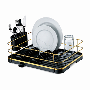 Escorredor de Louças 11 Pratos com Calha e Porta Talheres Preto Dourado