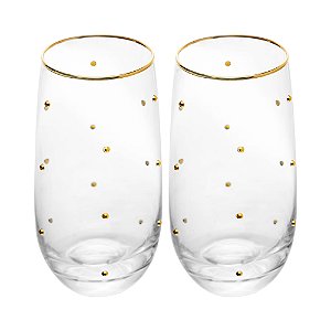 Kit 2 Copos Balls Fio De Ouro 300ml Vidro Fino Água Suco