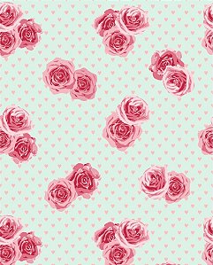 Papel de parede Floral com fundo verde e corações rosa