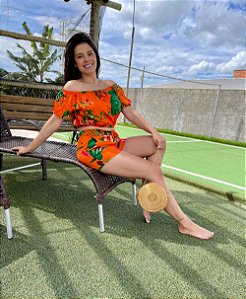 Conjunto Viscose de Short e Blusa Ciganinha com Laço Laranja e Estampa Floral