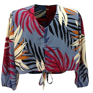 Blusa Plus Size Feminina de Viscolinho com Decote V e Manga Longa Estampada com Fundo Cinza