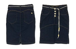 Saia Midi Jeans Leve Escuro Reta com Botão e Regulagem em Torçal 98% Algodão 2% Elastano