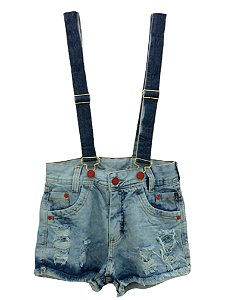 Jardineira Feminina Short Jeans Claro Lavado com Alça Regulável 98% Algodão e 2% Elastano
