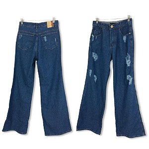 Calça Feminina Pantalona Jeans Manchado Puída 100% de Algodão