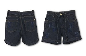 Short Curto Jeans Escuro Puído Pesponto Laranja 98% Algodão 2% Elastano