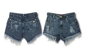 Short Curto Jeans Prime Claro Lavado Puído e Desfiado na Barra 100% Algodão