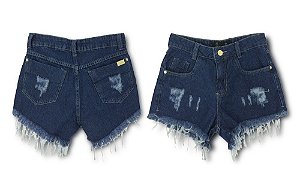 Short Curto Jeans Escuro Lavado Puído e Desfiado na Barra 100% Algodão