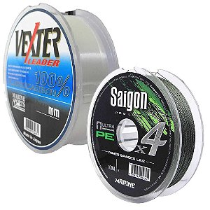 Linha Marine Sports Saigon X4 Green 100m 0,37mm 55lb Multi + Linha Fluorcarbono Marine Sports Vexter Leader 0.52mm