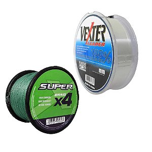 Linha Marine Sports X4 Super Braid Green 0,33mm 45lbs 20 Kg 500m + Linha Fluorcarbono Marine Sports Vexter Leader 0.47mm 50m