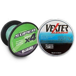 Linha Marine Sports X4 Super Braid Green 0,50mm 85lbs 38 kg 500m + Linha Fluorcarbono Marine Sports Vexter Leader 0.81mm 50m