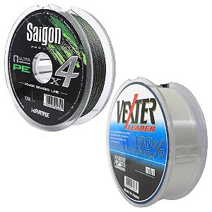 Linha Marine Sports Saigon X4 Green 100m 0,24mm 30lb Multi + Linha Fluorcarbono Marine Sports Vexter Leader 0.42mm