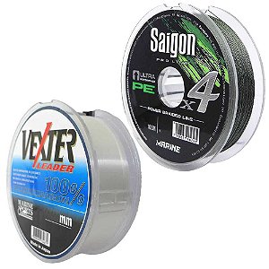 Linha Marine Sports Saigon X4 Green 100m 0,24mm 30lb Multi + Linha Fluorcarbono Marine Sports Vexter Leader 0.37mm