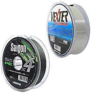 Linha Marine Sports Saigon X4 Green 100m 0,20mm 25lb Multi + Linha Fluorcarbono Marine Sports Vexter Leader 0.37mm