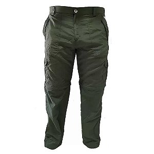 Calça de pesca Presa Viva Vira Bermuda 08 Bolsos C/ Ziper Poliamida Verde Militar GG