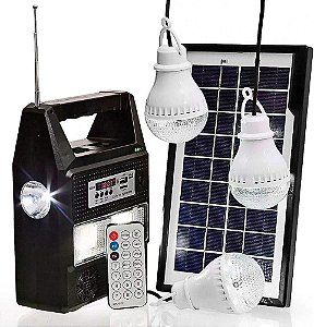 Kit placa solar emergência 3 lâmpada rádio fm central com bateria lanterna LK-3111